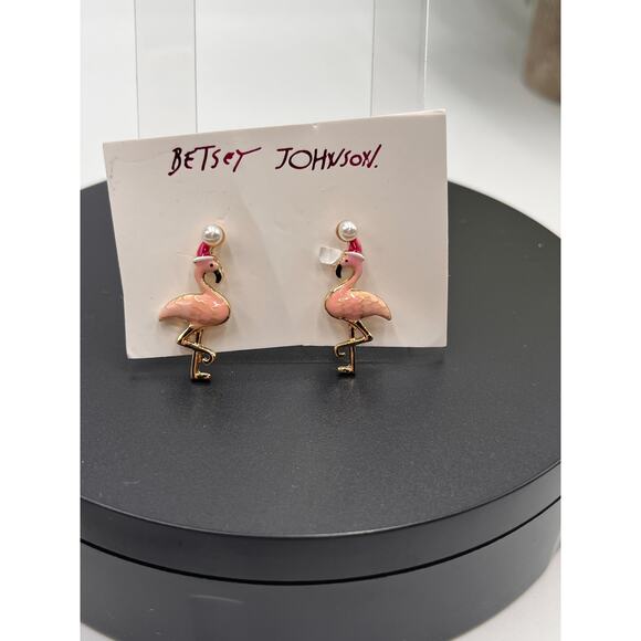 Betsey Johnson Red Hat Santa Flamingo Stud Earrings, PINK, 373135GLD650 New - Picture 4 of 7